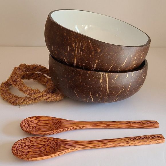 White Laquer Coconut bowls With Spoons & Rope Stand, handmade, natural - Picture 2 of 6